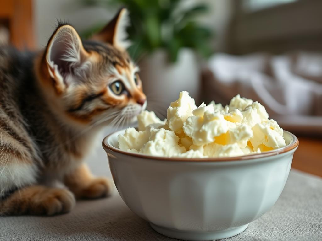 Miska z serem białym i kot przyglądający się z zainteresowaniem, czy koty mogą jeść ser Miska z serem białym i kot przyglądający się z zainteresowaniem, czy koty mogą jeść ser