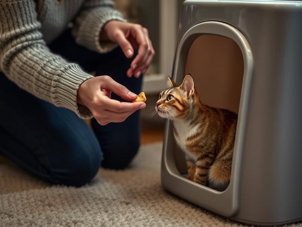 Opiekun nagradzający kota przysmakiem po skorzystaniu z kuwety Opiekun nagradzający kota przysmakiem po skorzystaniu z kuwety