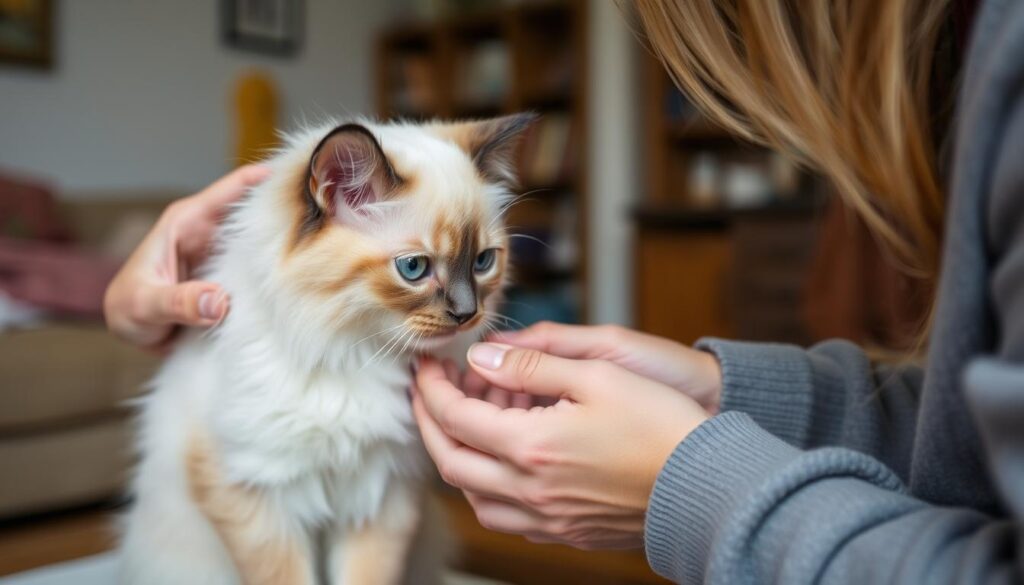 Osoba sprawdzająca cechy kota ragdoll bez rodowodu podczas spotkania z potencjalnym sprzedawcą Osoba sprawdzająca cechy kota ragdoll bez rodowodu podczas spotkania z potencjalnym sprzedawcą