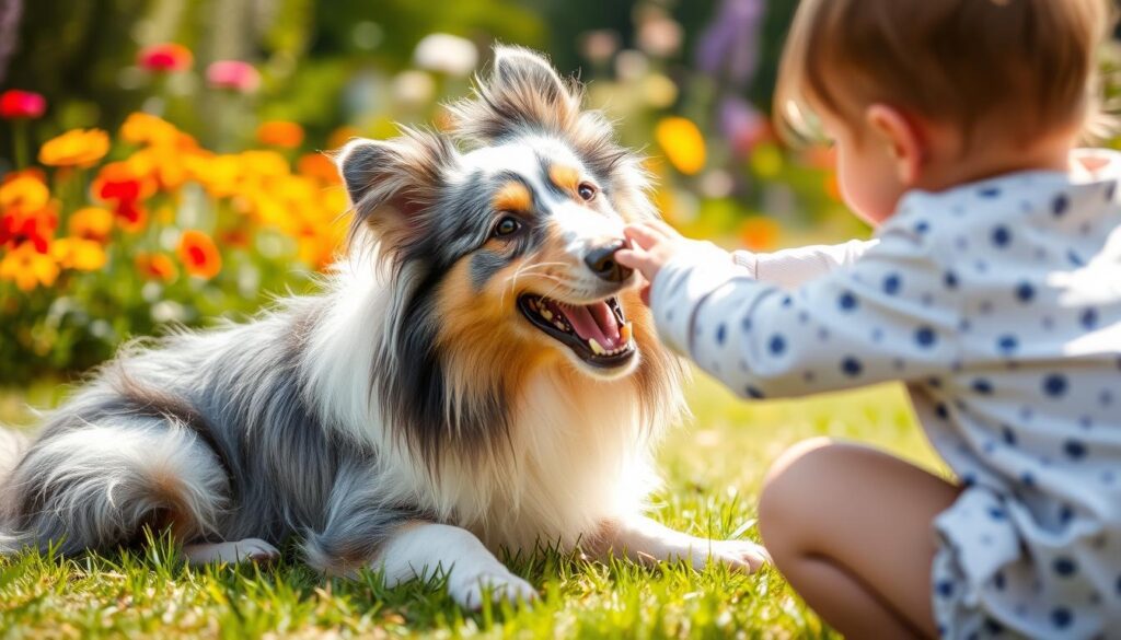 Owczarek szetlandzki blue merle bawiący się z dzieckiem w ogrodzie, pokazujący przyjazny charakter rasy