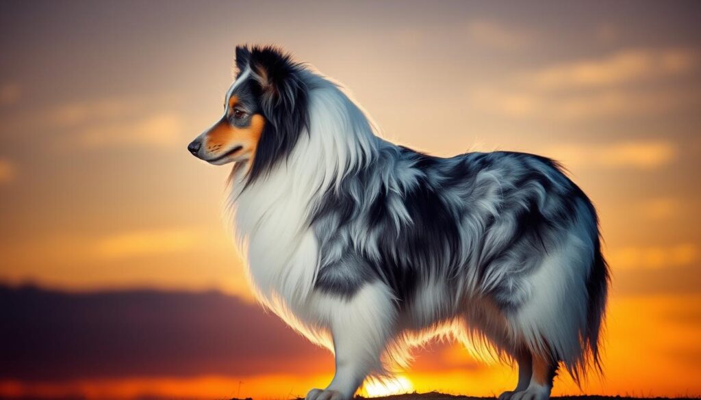 Owczarek szetlandzki blue merle na tle zachodzącego słońca, ukazujący piękno tej rasy