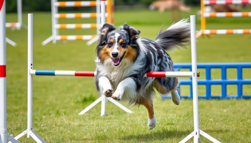 Owczarek szetlandzki blue merle podczas treningu agility, pokazujący zwinność i inteligencję rasy
