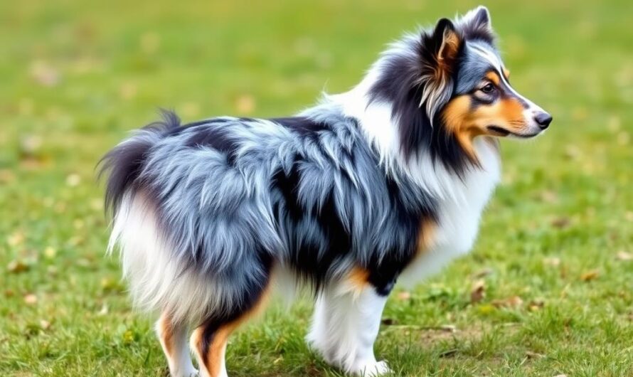 Owczarek szetlandzki blue merle stojący na trawie, ukazujący charakterystyczne marmurkowe umaszczenie