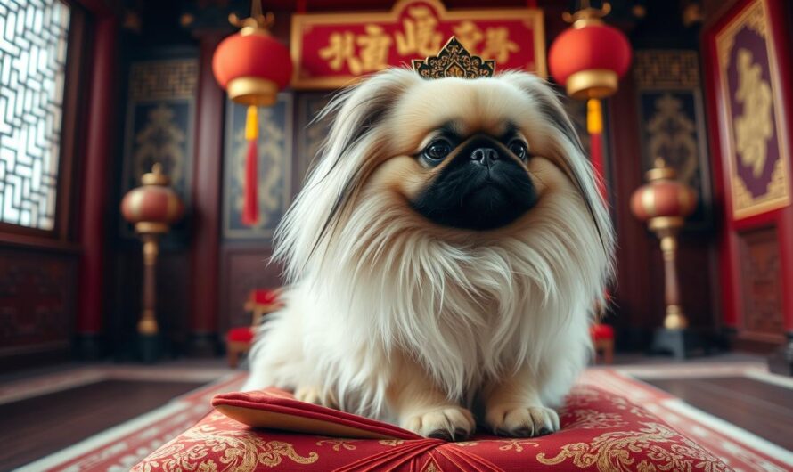 Pekińczyk królewski w tradycyjnym chińskim otoczeniu, nawiązującym do jego cesarskiego pochodzenia