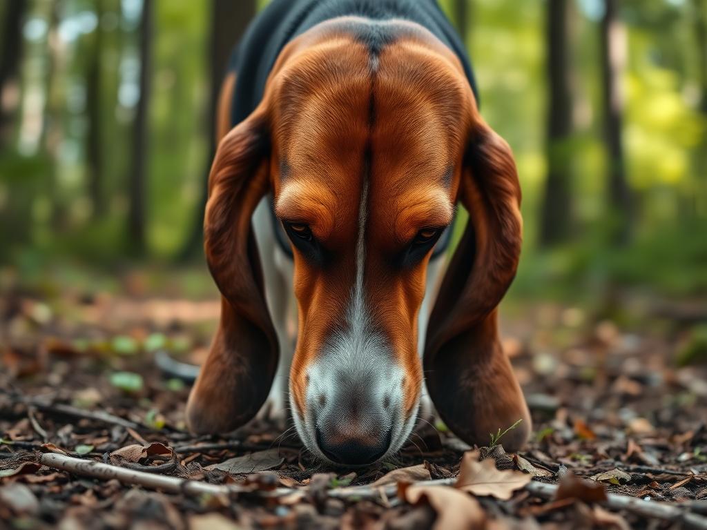 Pies rasy basset hound z długimi uszami podczas tropienia