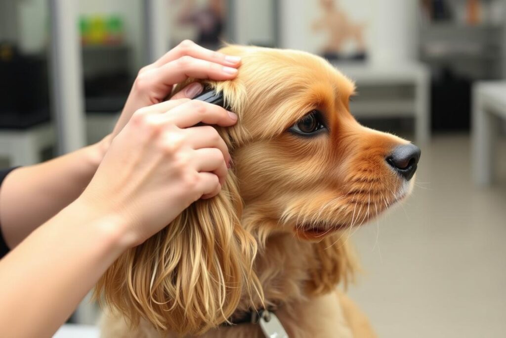 Pies rasy cocker spaniel podczas pielęgnacji uszu