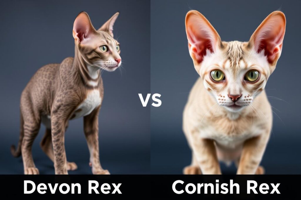 Porównanie Devon rex i Cornish rex pokazujące różnice w budowie ciała i sierści Porównanie Devon rex i Cornish rex pokazujące różnice w budowie ciała i sierści