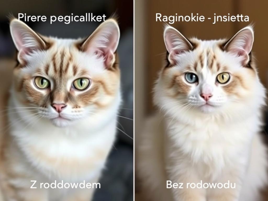 Porównanie kota ragdoll z rodowodem i bez rodowodu, pokazujące subtelne różnice w wyglądzie Porównanie kota ragdoll z rodowodem i bez rodowodu, pokazujące subtelne różnice w wyglądzie