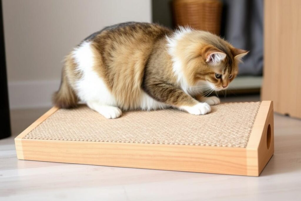 Poziomy drapak dla Maine Coon wykonany z deski obitej sizalem Poziomy drapak dla Maine Coon wykonany z deski obitej sizalem