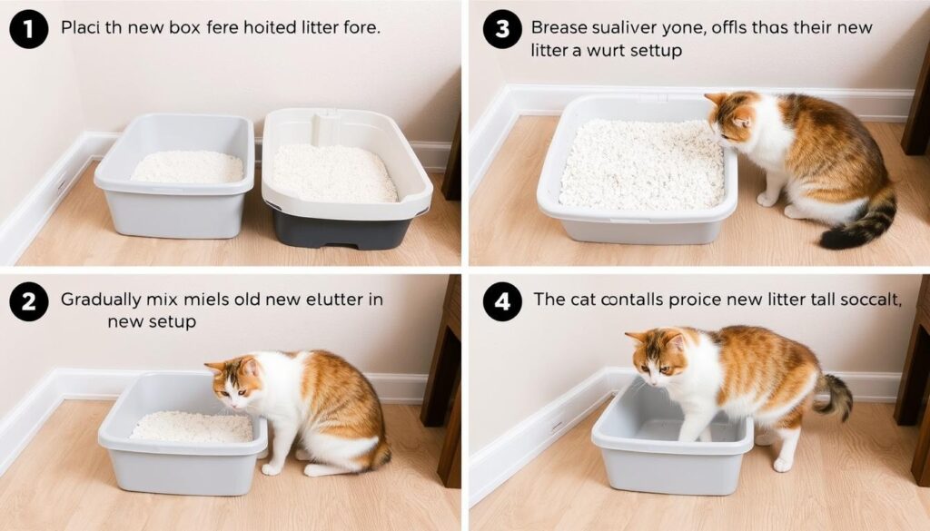 Proces przyzwyczajania dorosłego kota do nowej kuwety - zestaw zdjęć pokazujących kolejne kroki Proces przyzwyczajania dorosłego kota do nowej kuwety - zestaw zdjęć pokazujących kolejne kroki