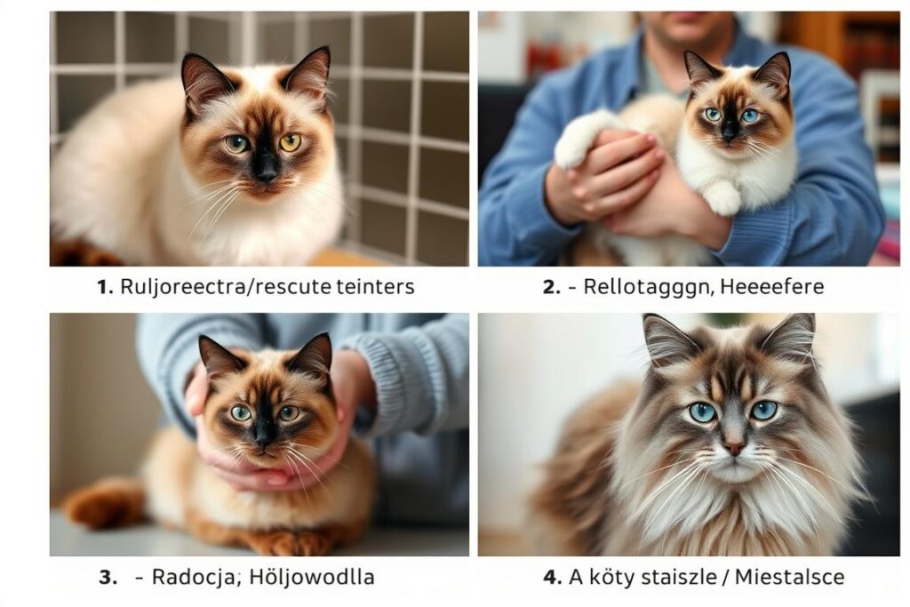 Różne opcje pozyskania kota ragdoll - od adopcji po zakup z hodowli, przedstawione jako kolaż zdjęć Różne opcje pozyskania kota ragdoll - od adopcji po zakup z hodowli, przedstawione jako kolaż zdjęć