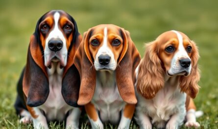 Różne rasy psów z długimi uszami - basset hound, beagle i cocker spaniel