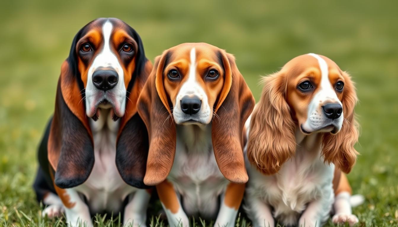 Różne rasy psów z długimi uszami - basset hound, beagle i cocker spaniel