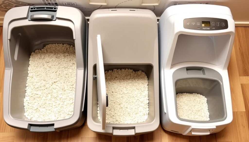 Różne rodzaje kuwet dla kotów - otwarta, zamknięta i samoczyszcząca, pokazujące różnorodność dostępnych opcji Różne rodzaje kuwet dla kotów - otwarta, zamknięta i samoczyszcząca, pokazujące różnorodność dostępnych opcji