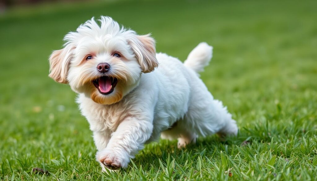 Starszy maltipoo bawiący się na trawie, pokazujący aktywność psów tej rasy nawet w podeszłym wieku