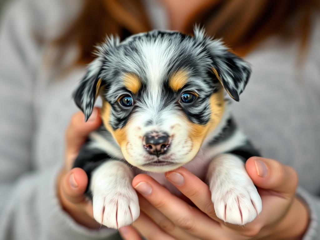 Szczenię owczarka szetlandzkiego blue merle w dłoniach hodowcy, pokazujące typowy wygląd młodego psa tej rasy