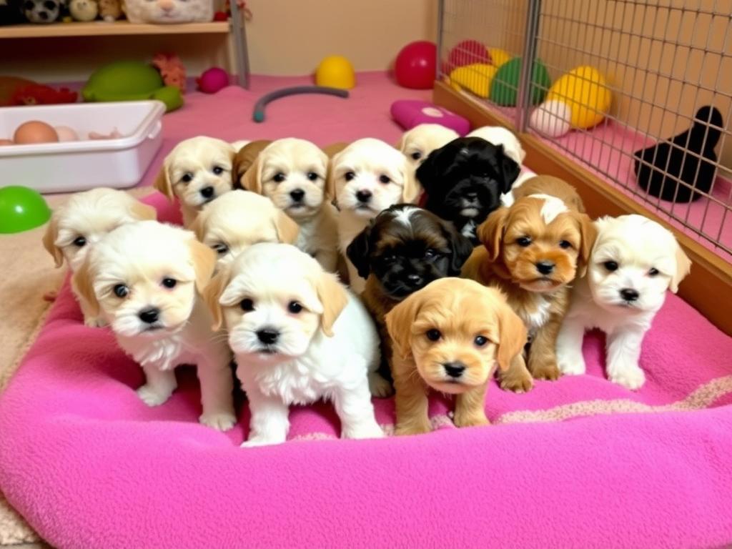 Szczenięta maltipoo w hodowli, pokazujące zdrowe, zadbane szczenięta
