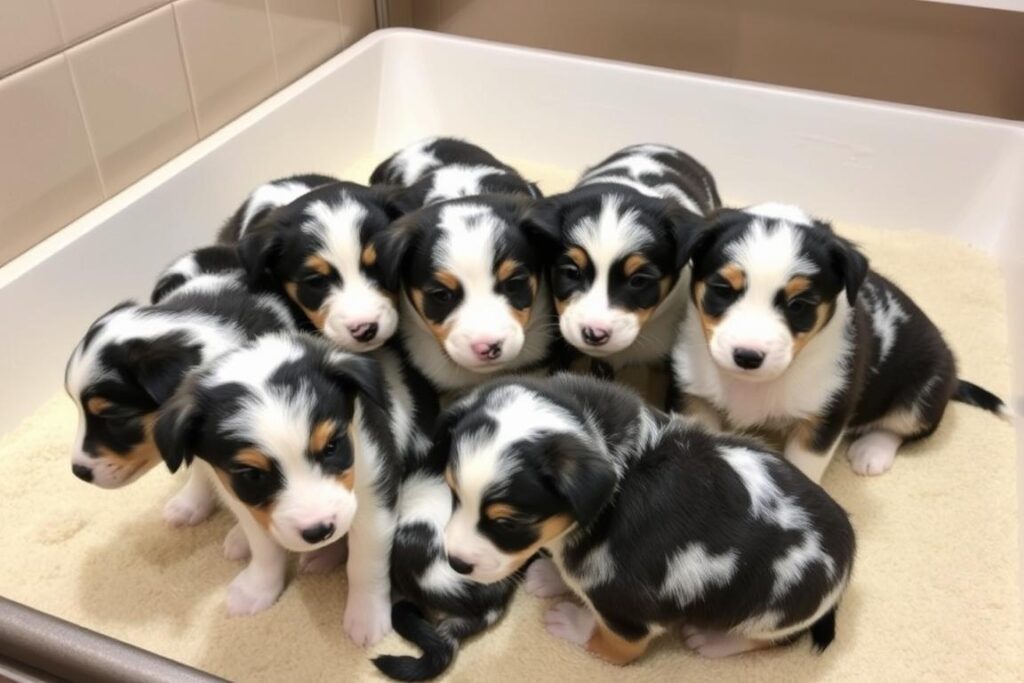 Szczenięta owczarka szetlandzkiego blue merle w hodowli, pokazujące różnorodność wzorów umaszczenia