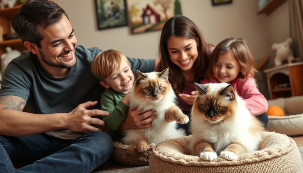 Szczęśliwa rodzina z adoptowanym kotem ragdoll bez rodowodu w domowym otoczeniu Szczęśliwa rodzina z adoptowanym kotem ragdoll bez rodowodu w domowym otoczeniu
