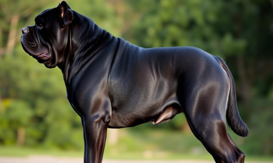 Tosa inu czarny - dorosły pies w pełnej okazałości, stojący na tle naturalnego krajobrazu