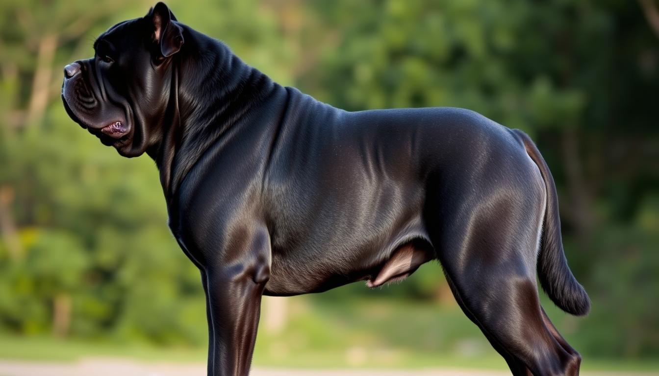 Tosa inu czarny - dorosły pies w pełnej okazałości, stojący na tle naturalnego krajobrazu