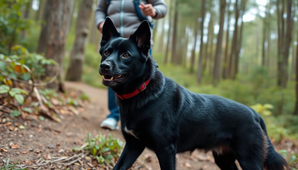 Tosa inu czarny podczas spaceru w lesie - naturalne środowisko dla aktywności