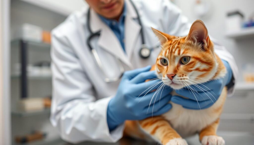 Weterynarz badający kota - konsultacja z ekspertem w sprawie diety kota Weterynarz badający kota - konsultacja z ekspertem w sprawie diety kota