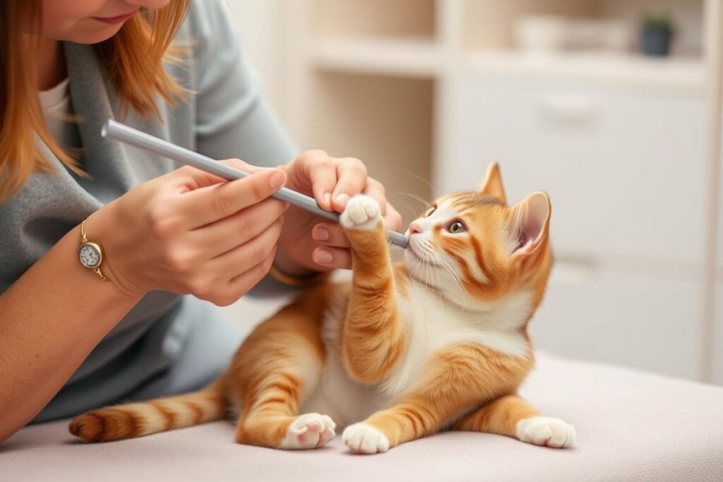 Właściciel delikatnie bawiący się z kotem w okresie rekonwalescencji po sterylizacji Właściciel delikatnie bawiący się z kotem w okresie rekonwalescencji po sterylizacji