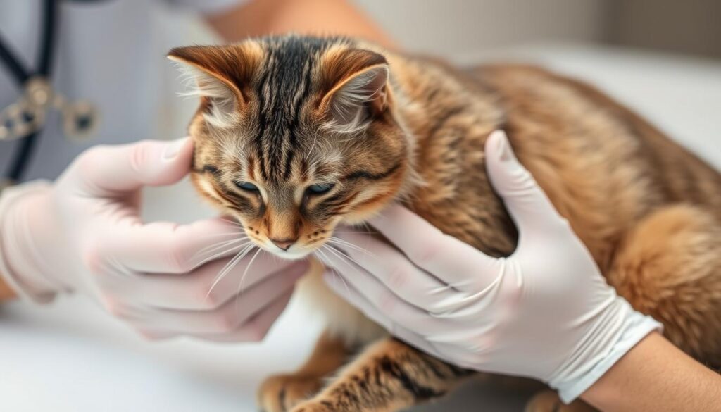 Właściciel delikatnie sprawdzający stan rany pooperacyjnej u kota Właściciel delikatnie sprawdzający stan rany pooperacyjnej u kota