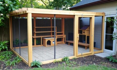 Woliera dla kota w ogrodzie z przejściem do domu