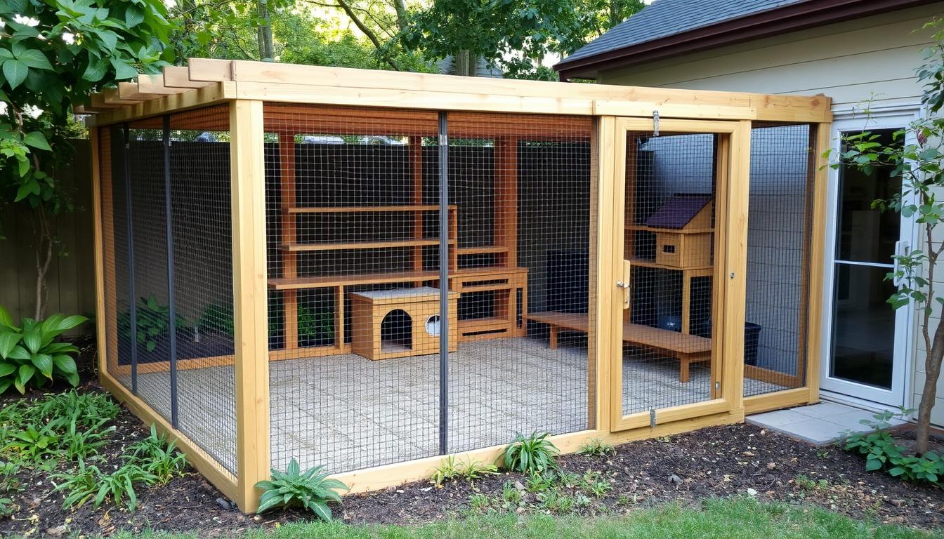Woliera dla kota w ogrodzie z przejściem do domu