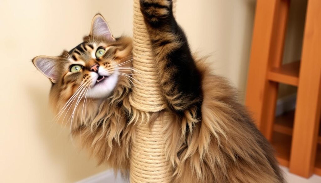 Zadowolony Maine Coon korzystający z domowego drapaka Zadowolony Maine Coon korzystający z domowego drapaka