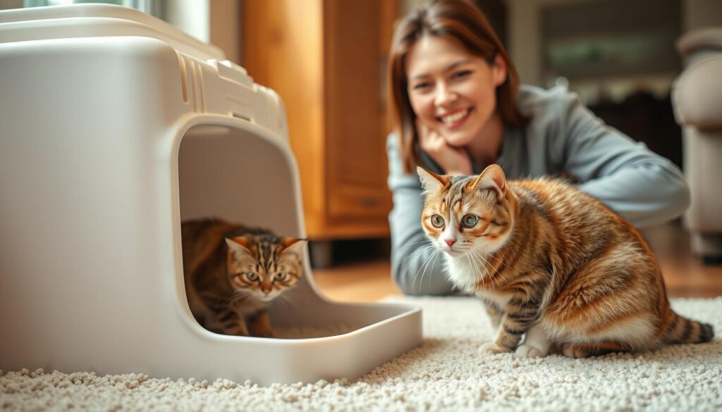 Zadowolony kot korzystający z kuwety i zadowolony opiekun - obraz sukcesu w treningu Zadowolony kot korzystający z kuwety i zadowolony opiekun - obraz sukcesu w treningu