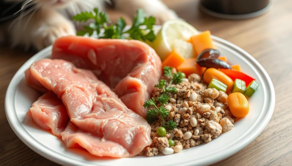 Zbilansowany posiłek dla kota składający się z mięsa i dodatków, czy koty mogą jeść ser Zbilansowany posiłek dla kota składający się z mięsa i dodatków, czy koty mogą jeść ser